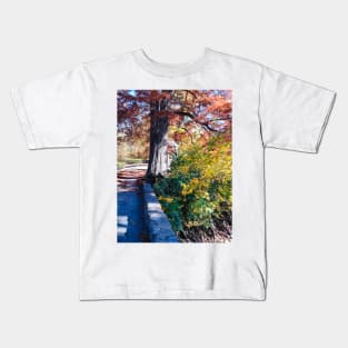 HIDDEN TEMPLE Red Tree Autumn Stone Bridge Leaves orange and green nature pretty delicate foliage Kids T-Shirt